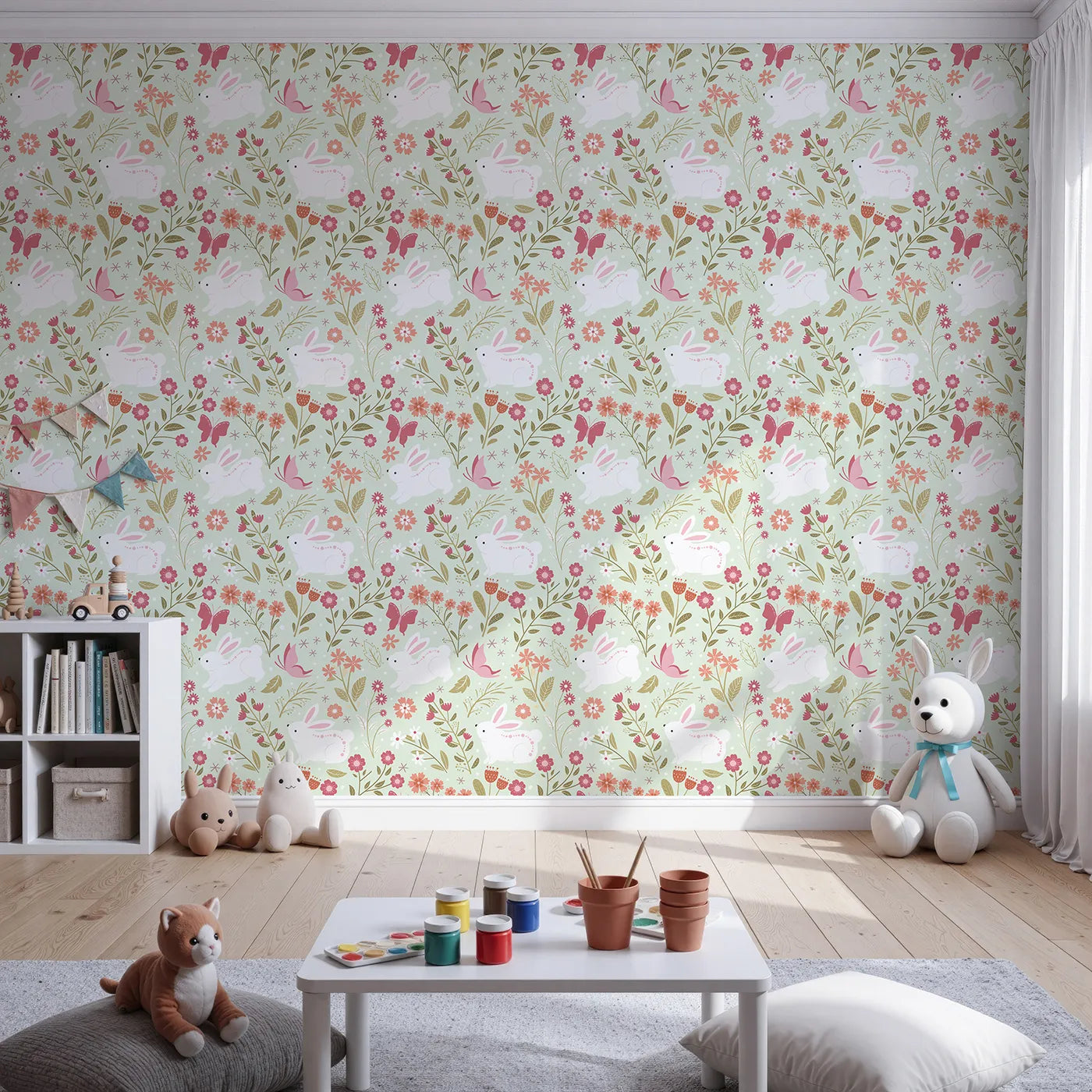 Front view of Whimsy Tots' Meadow Hops Bunny Wallpaper in Mint Green