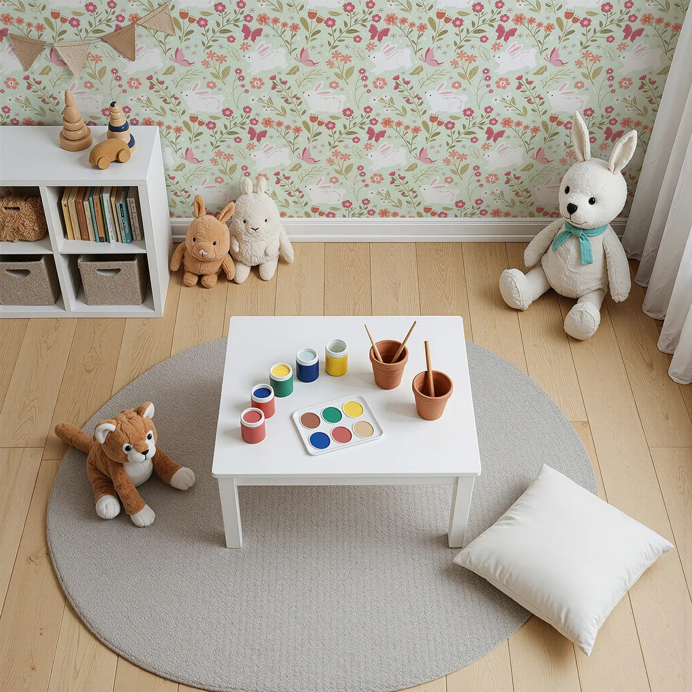 Top-Down view of Whimsy Tots' Meadow Hops Bunny Wallpaper in Mint Green (W3047C).Bunnies bloom with joy among minty leaves and cheerful petals.