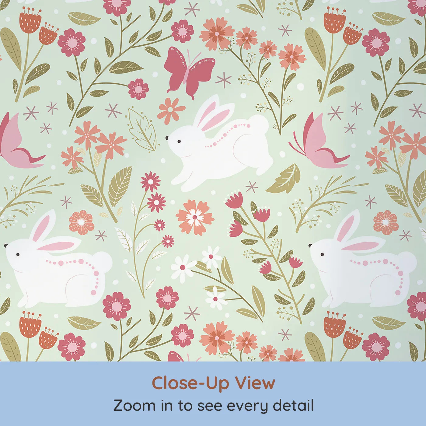Close-up view of Whimsy Tots' Meadow Hops Bunny Wallpaper in Mint Green (W3047C).Bunnies bloom with joy among minty leaves and cheerful petals.