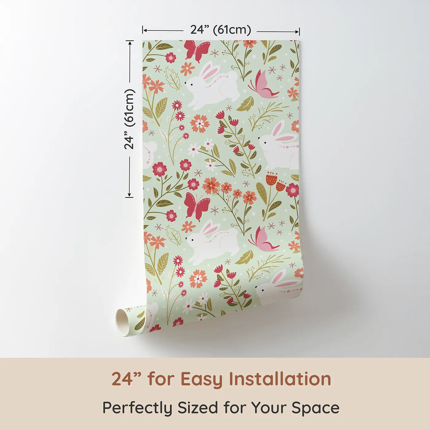 Dimension view of Whimsy Tots Meadow Hops Bunny Wallpaper in Mint Green (W3047C). Printed in 24-inch-wide panel for easy installation. Bunnies bloom with joy among minty leaves and cheerful petals.