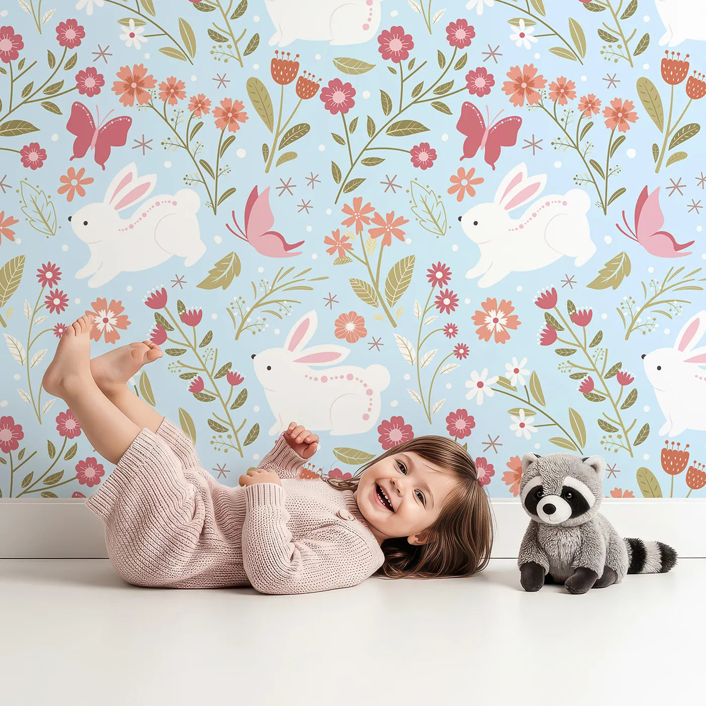 Lovely child standing in front of Whimsy Tots Meadow Hops Bunny Wallpaper in Blue with rabbit, butterfly, flower, leaf in design.