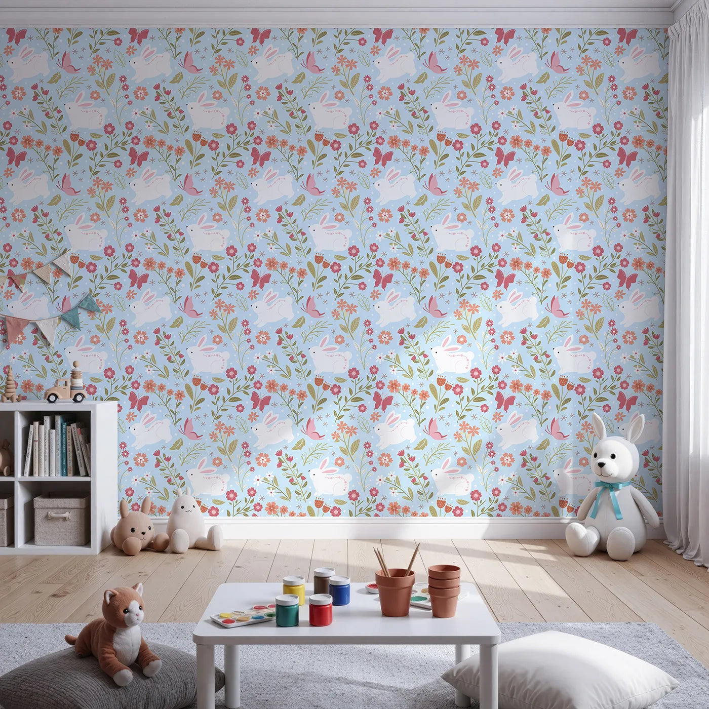 Front view of Whimsy Tots' Meadow Hops Bunny Wallpaper in Blue