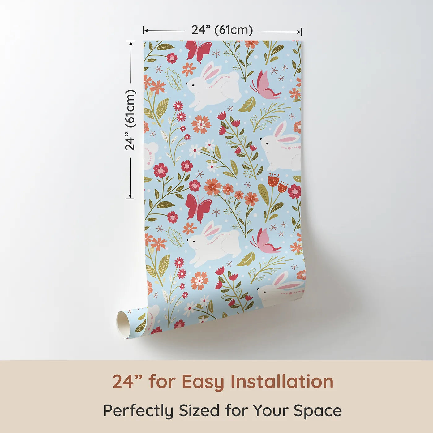 Dimension view of Whimsy Tots Meadow Hops Bunny Wallpaper in Blue (W3047D). Printed in 24-inch-wide panel for easy installation. Joyful bunnies leap through blossoms and butterflies under soft blue skies.