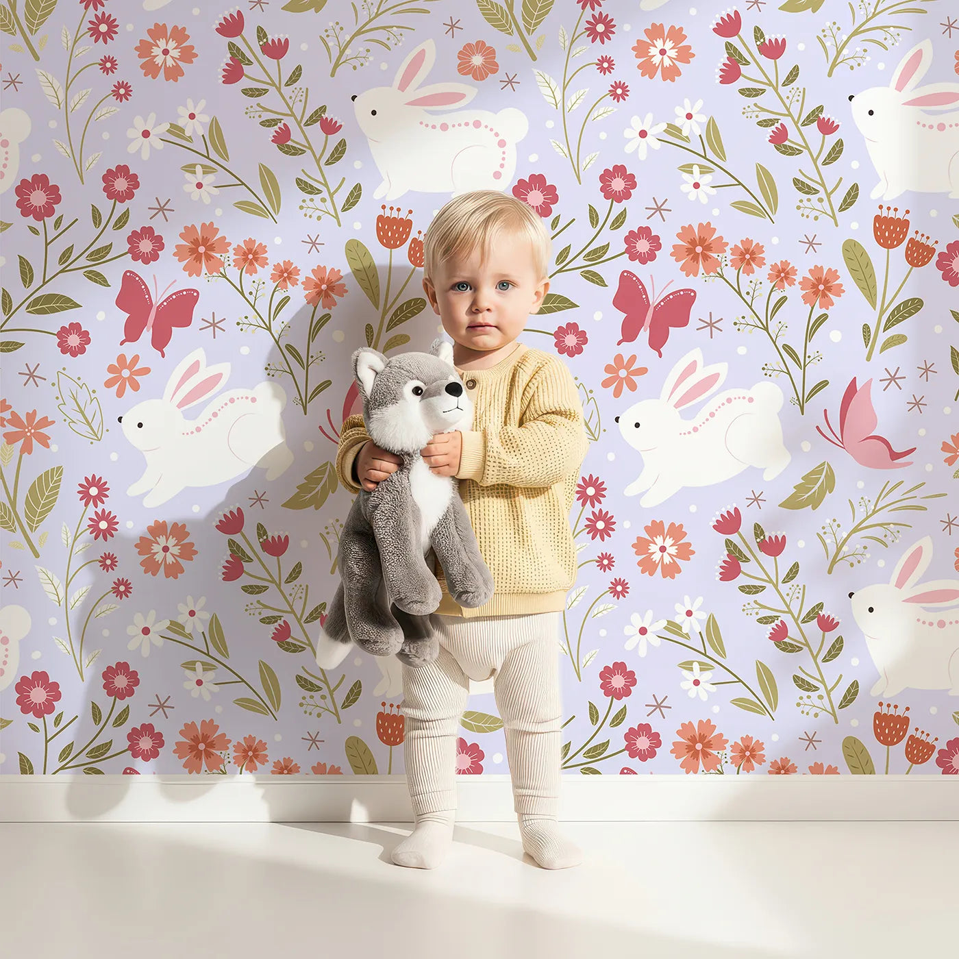 Lovely child standing in front of Whimsy Tots Meadow Hops Bunny Wallpaper in Lilac Lavender with rabbit, butterfly, flower, leaf in design.