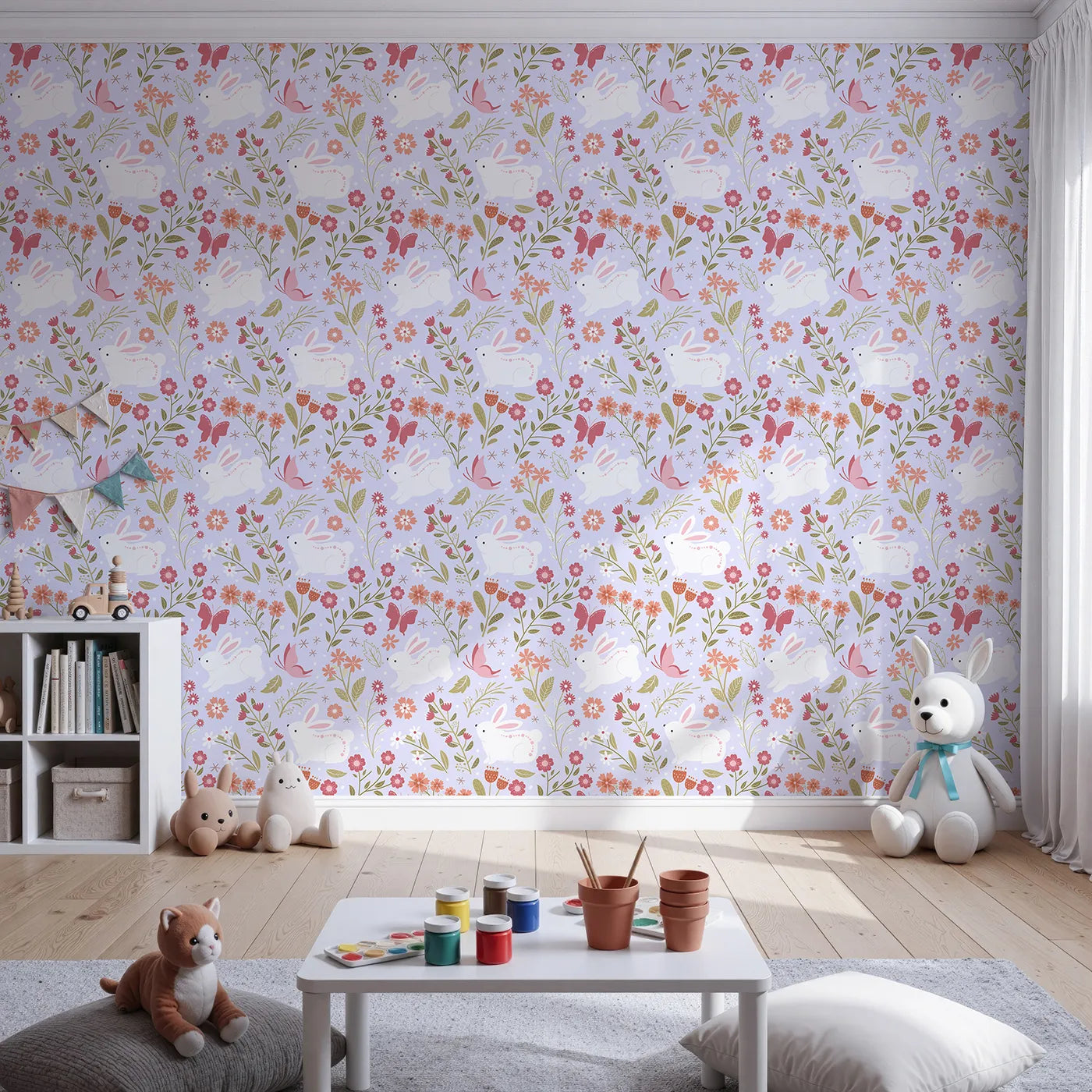 Front view of Whimsy Tots' Meadow Hops Bunny Wallpaper in Lilac Lavender