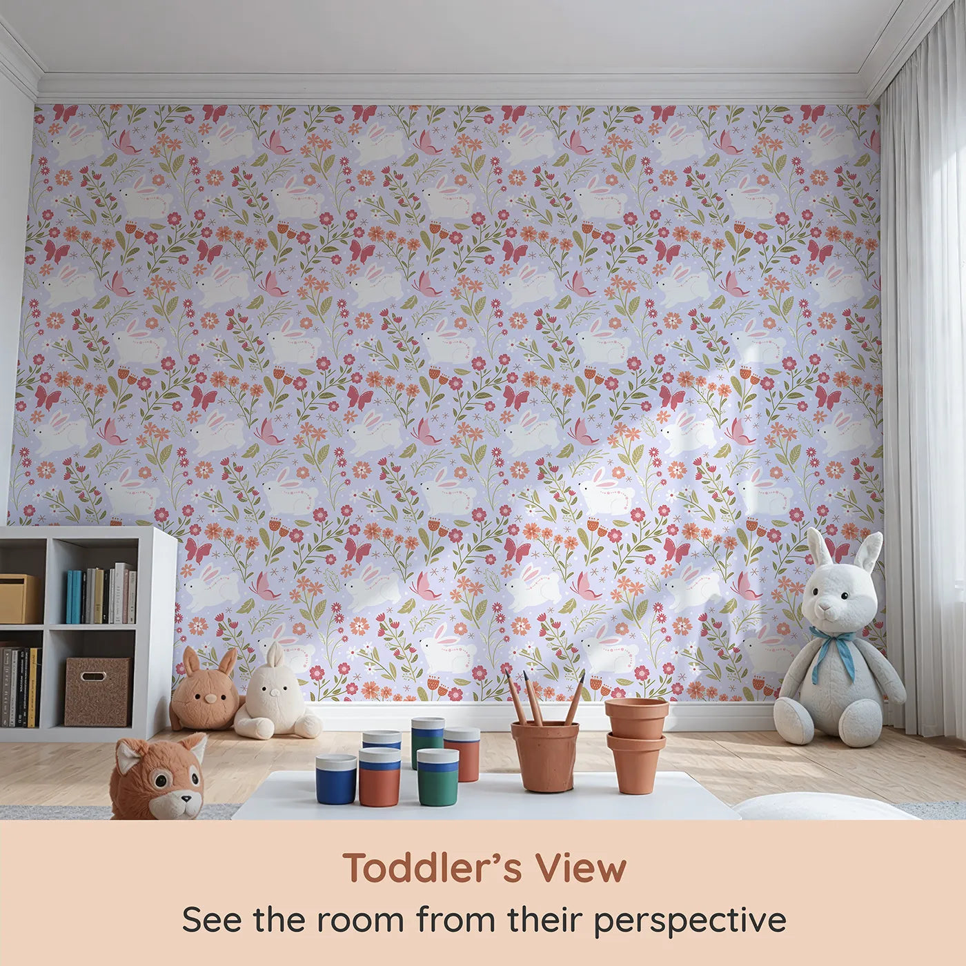 Whimsy Tots Meadow Hops Bunny Wallpaper in Lilac Lavender (W3047E) from your child's view.White bunnies hop among coral blooms and butterflies in a dreamy lilac garden.