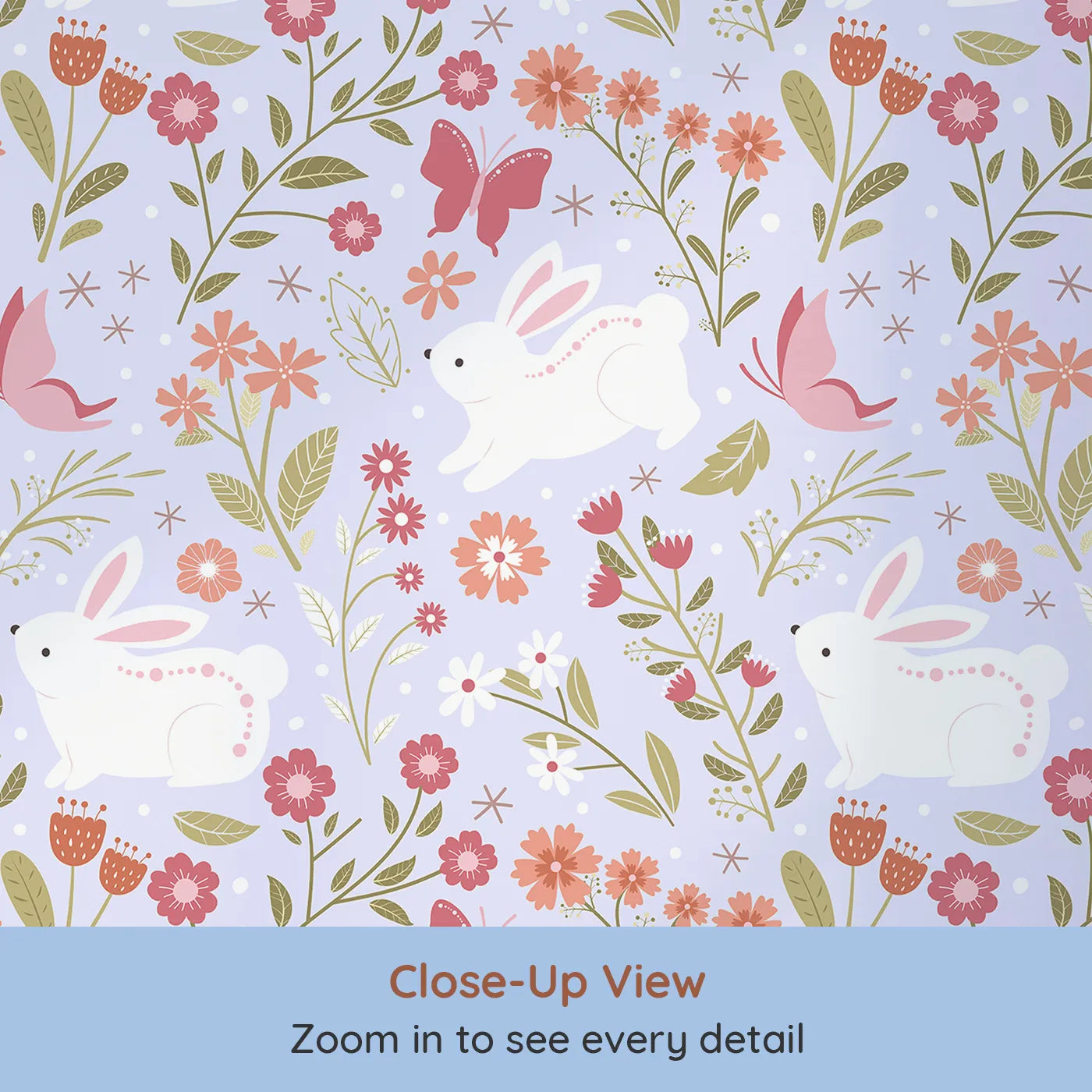 Close-up view of Whimsy Tots' Meadow Hops Bunny Wallpaper in Lilac Lavender (W3047E).White bunnies hop among coral blooms and butterflies in a dreamy lilac garden.
