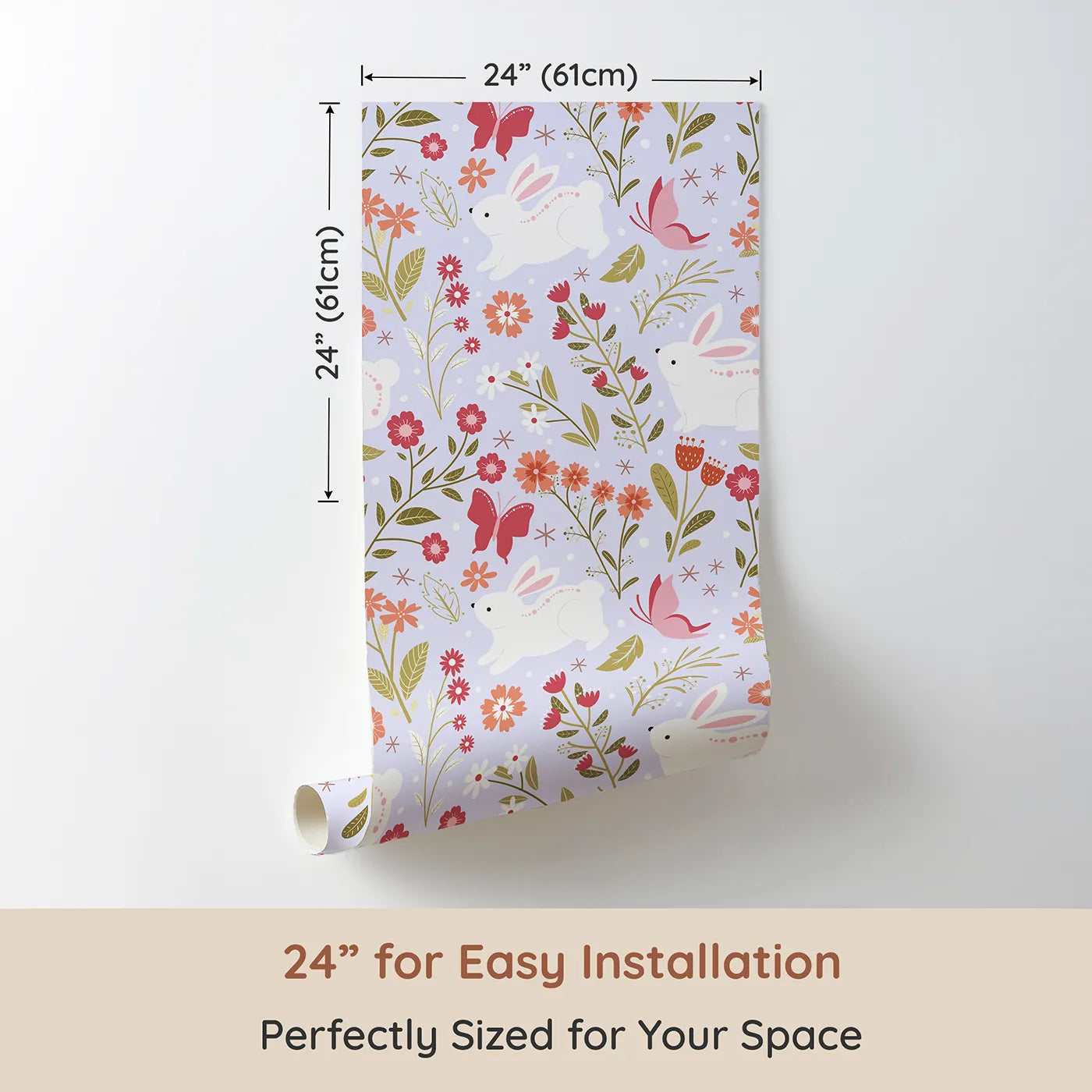 Dimension view of Whimsy Tots Meadow Hops Bunny Wallpaper in Lilac Lavender (W3047E). Printed in 24-inch-wide panel for easy installation. White bunnies hop among coral blooms and butterflies in a dreamy lilac garden.