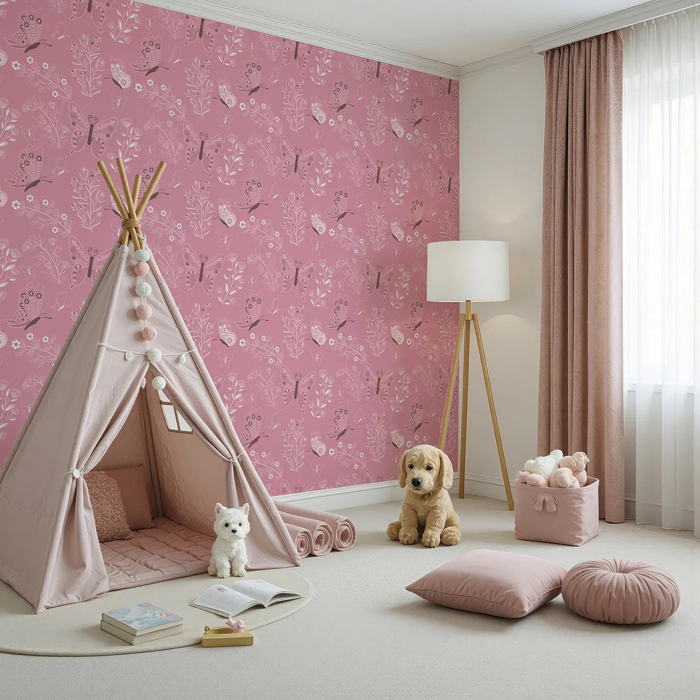 Angled view of Whimsy Tots' Flutter Garden Butterfly Wallpaper in Rose Pink (W3048A).Delicate butterflies flutter among floral vines in soft rosy charm.