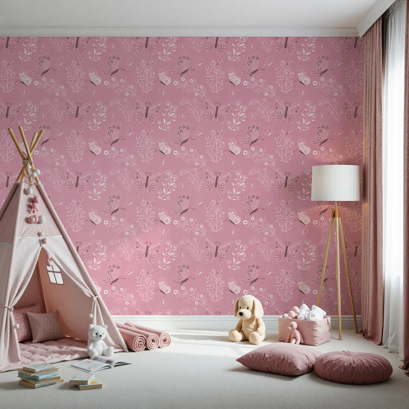 Front view of Whimsy Tots' Flutter Garden Butterfly Wallpaper in Rose Pink
