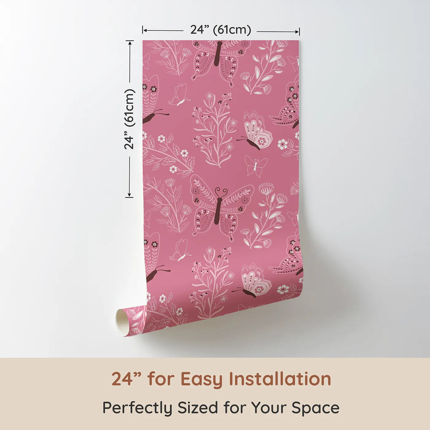 Dimension view of Whimsy Tots Flutter Garden Butterfly Wallpaper in Rose Pink (W3048A). Printed in 24-inch-wide panel for easy installation. Delicate butterflies flutter among floral vines in soft rosy charm.