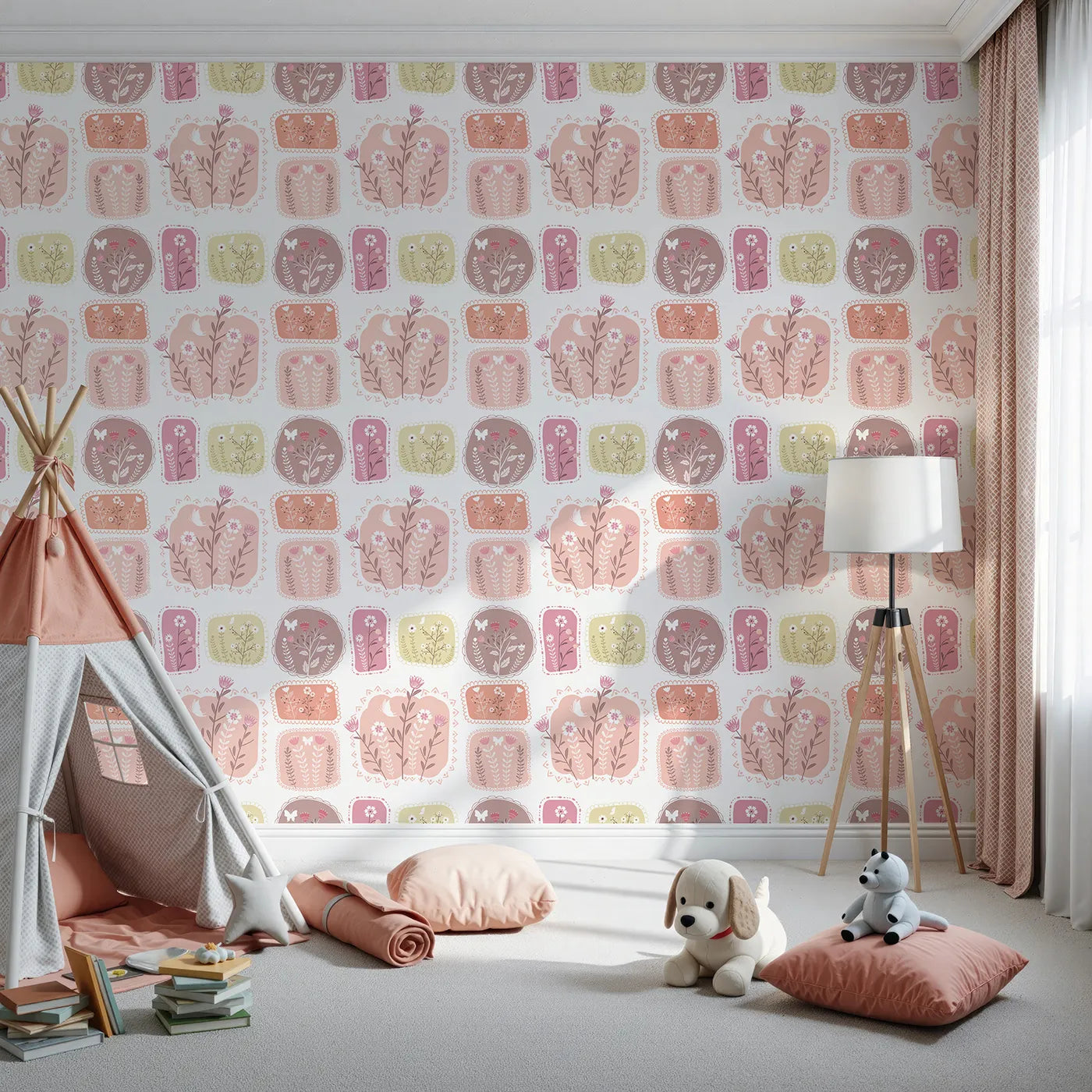 Front view of Whimsy Tots' Botanical Patchwork Garden Wallpaper