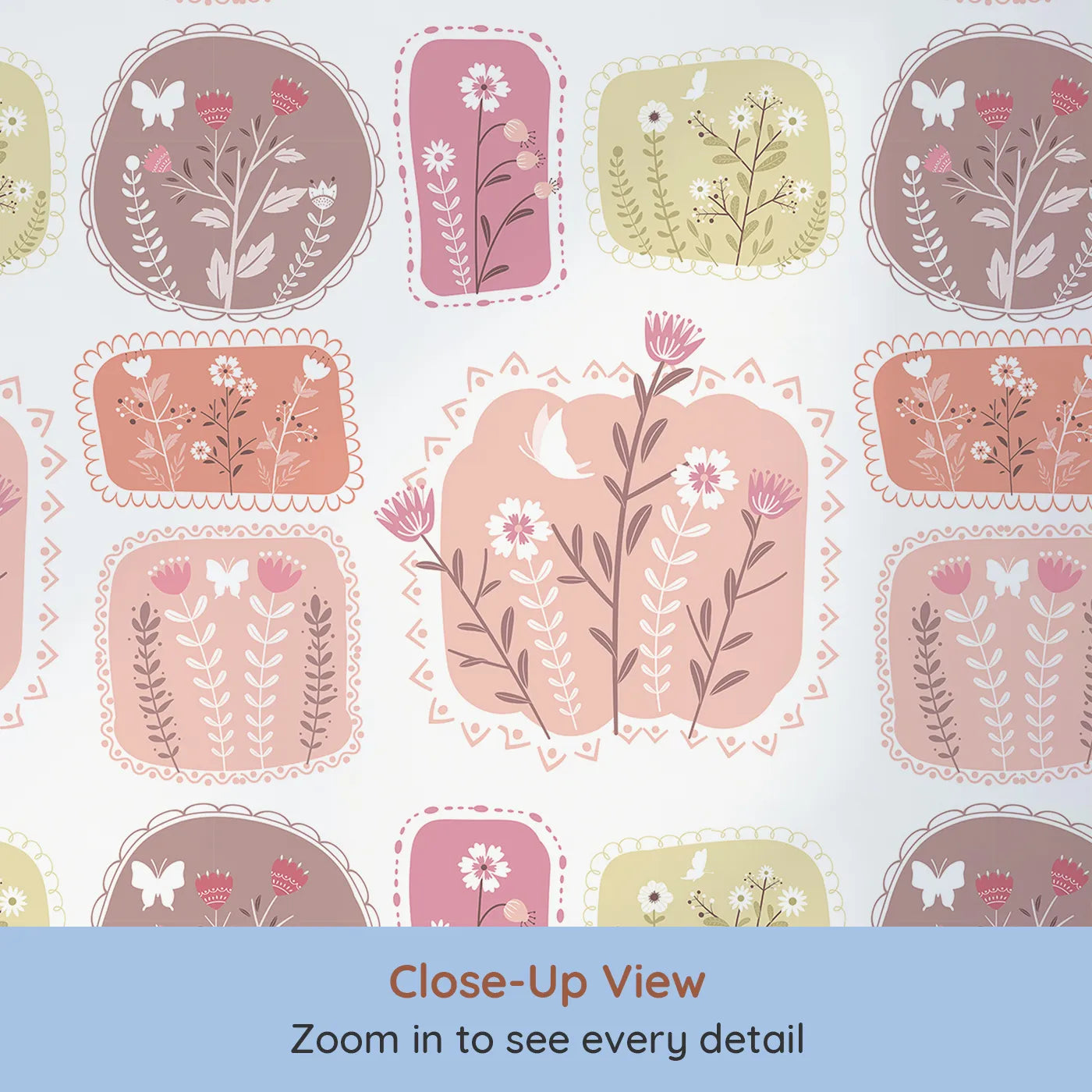 Close-up view of Whimsy Tots' Botanical Patchwork Garden Wallpaper (W3049).Each block blooms with flowers, birds, and butterflies in gentle pastel tones.