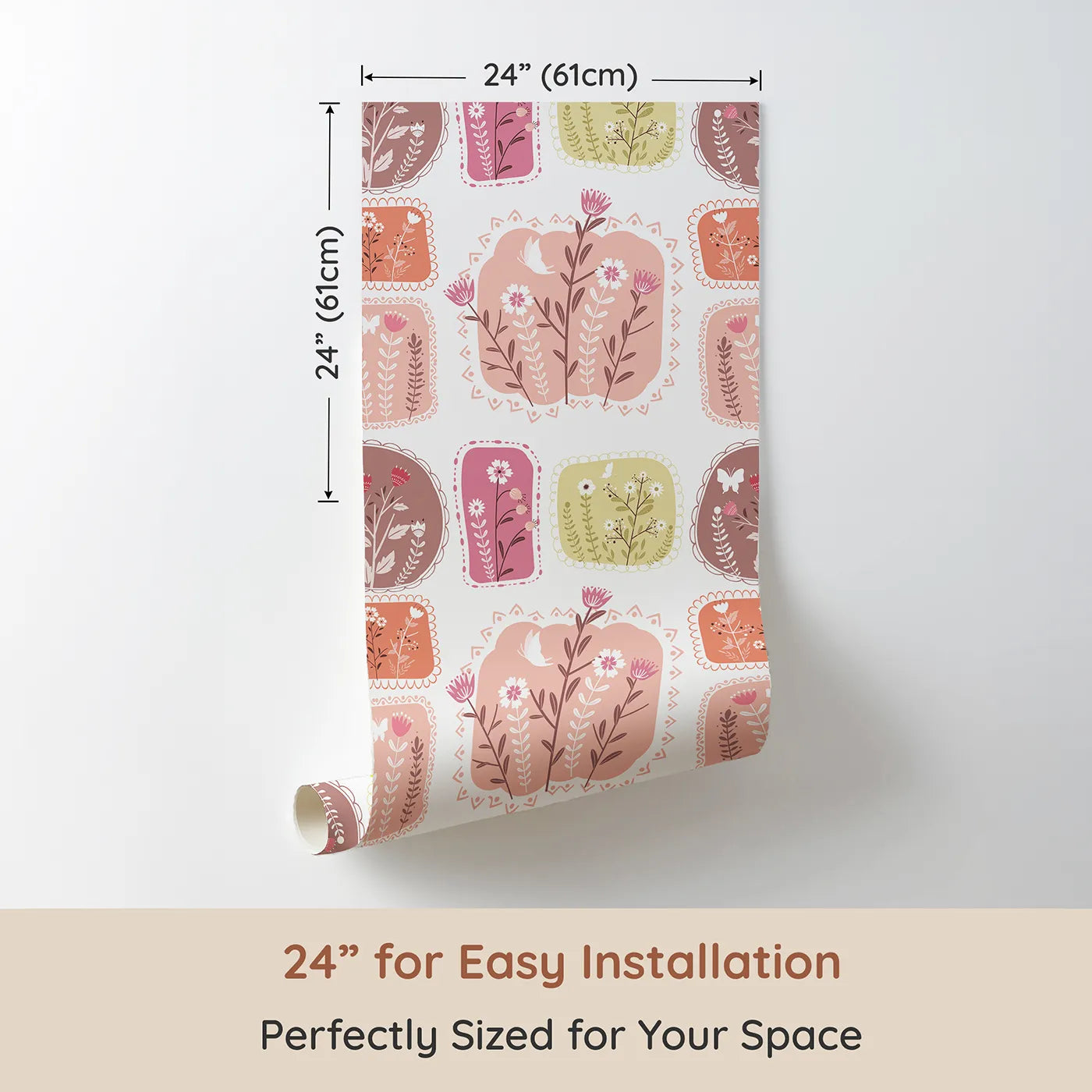 Dimension view of Whimsy Tots Botanical Patchwork Garden Wallpaper (W3049). Printed in 24-inch-wide panel for easy installation. Each block blooms with flowers, birds, and butterflies in gentle pastel tones.