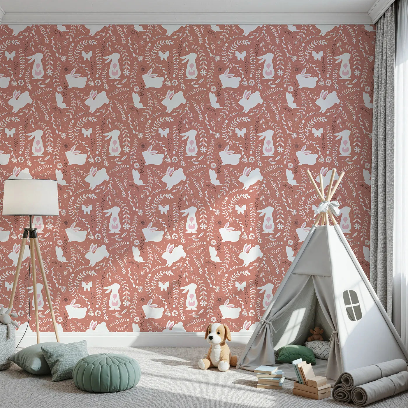 Front view of Whimsy Tots' Bunny Hideaway Meadow Wallpaper in Terracotta Brown