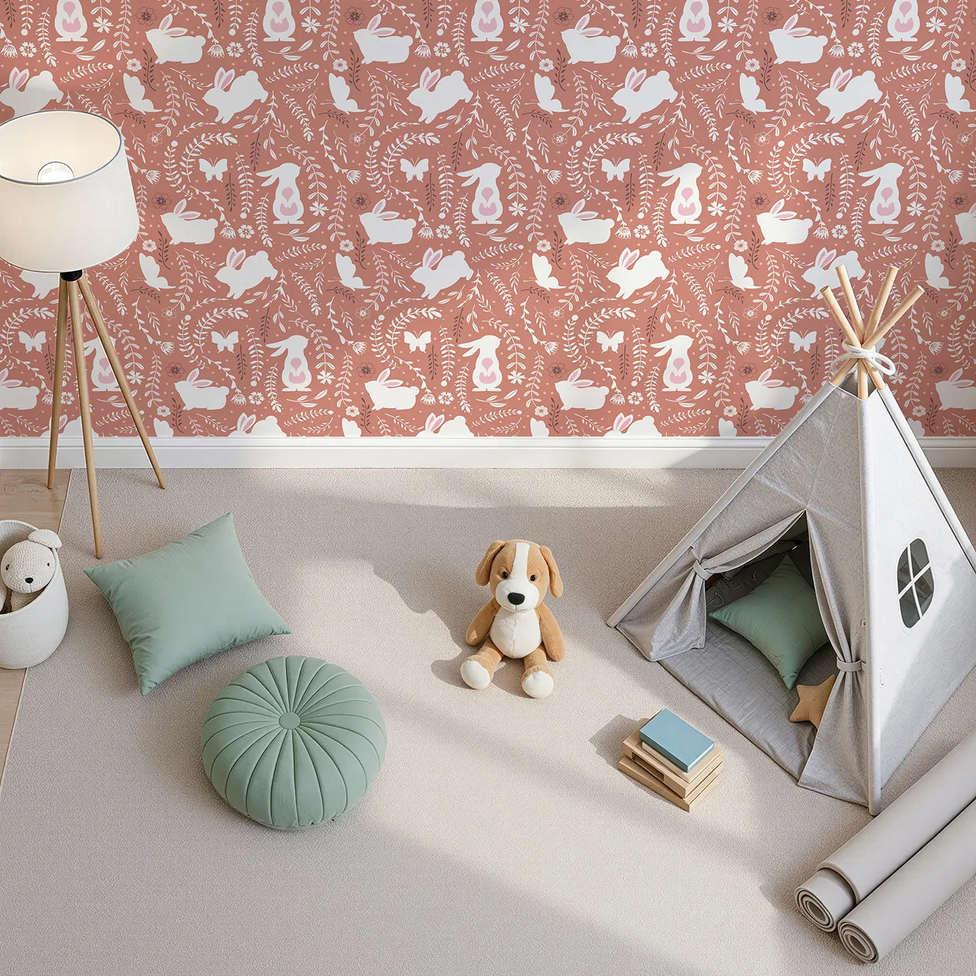 Top-Down view of Whimsy Tots' Bunny Hideaway Meadow Wallpaper in Terracotta Brown (W3050A).White bunnies and dancing florals curl through warm terracotta vines.