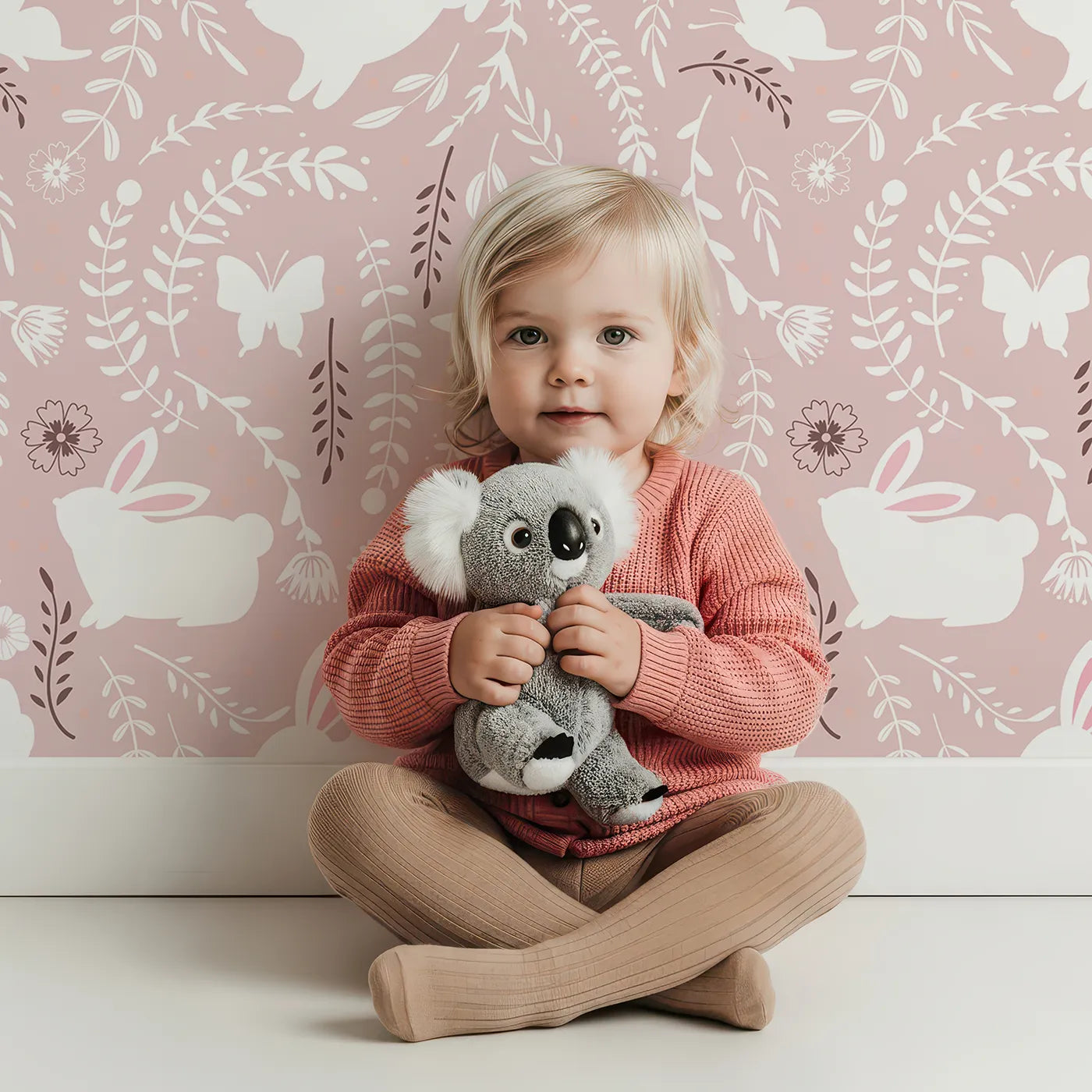 Lovely child standing in front of Whimsy Tots Bunny Hideaway Meadow Wallpaper in Blush Pink with rabbit, butterfly, flower, vine in design.