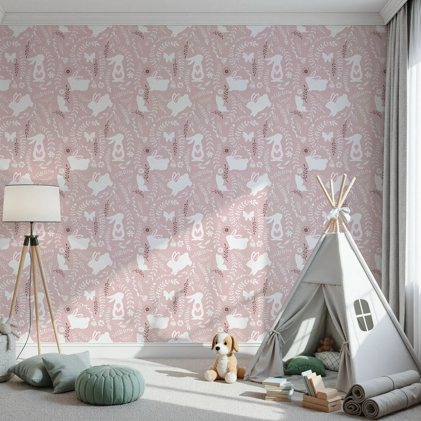Front view of Whimsy Tots' Bunny Hideaway Meadow Wallpaper in Blush Pink