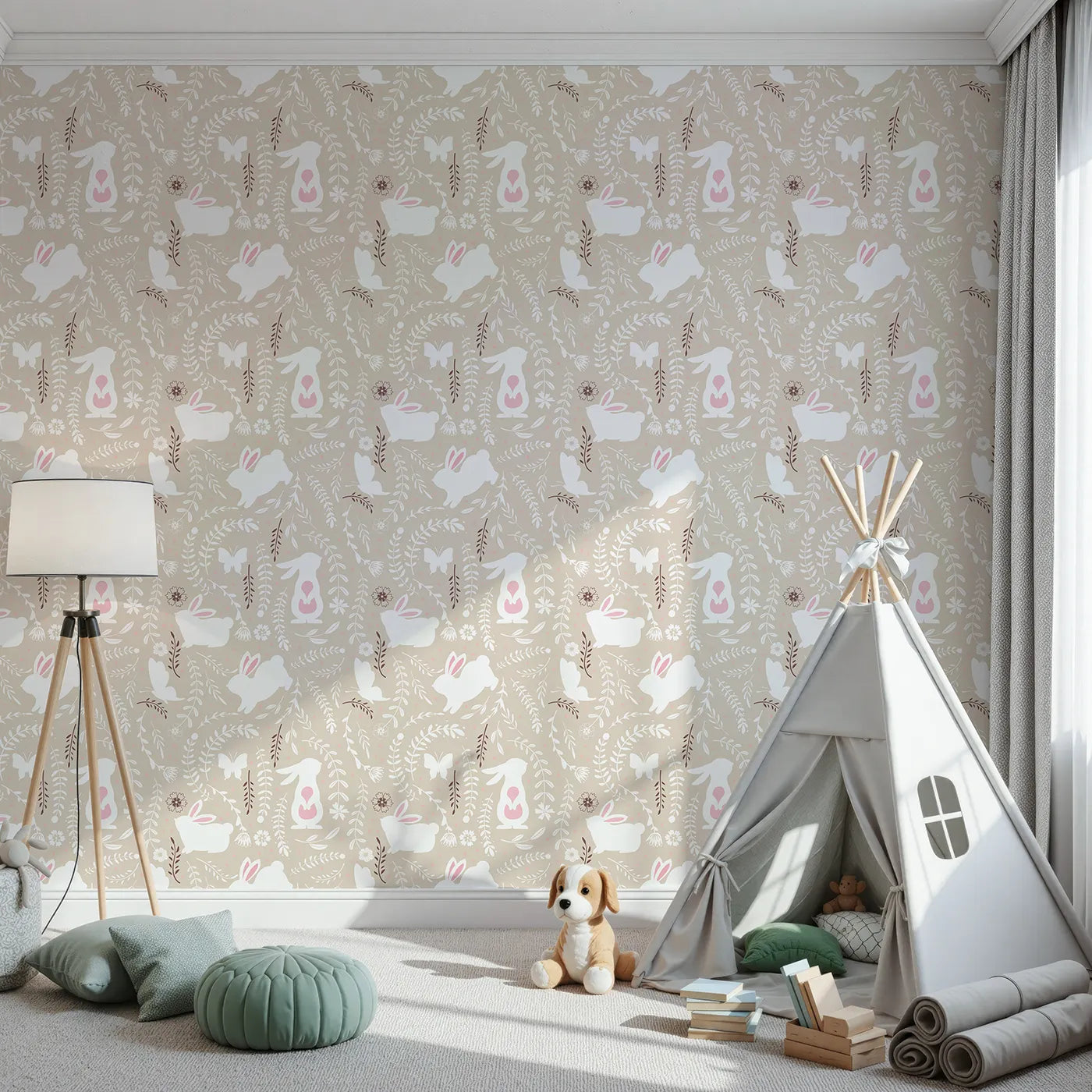 Front view of Whimsy Tots' Bunny Hideaway Meadow Wallpaper in Sand