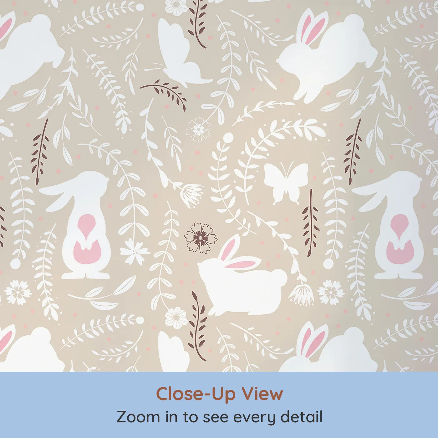 Close-up view of Whimsy Tots' Bunny Hideaway Meadow Wallpaper in Sand (W3050C).Bunnies and butterflies roam among leaves and blooms on soft sandy tones.