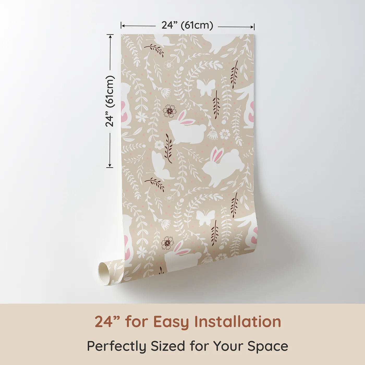 Dimension view of Whimsy Tots Bunny Hideaway Meadow Wallpaper in Sand (W3050C). Printed in 24-inch-wide panel for easy installation. Bunnies and butterflies roam among leaves and blooms on soft sandy tones.