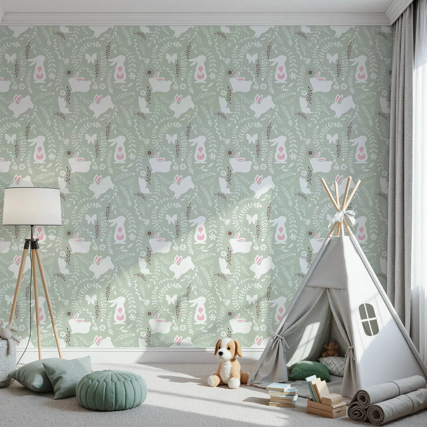 Front view of Whimsy Tots' Bunny Hideaway Meadow Wallpaper in Mint Green