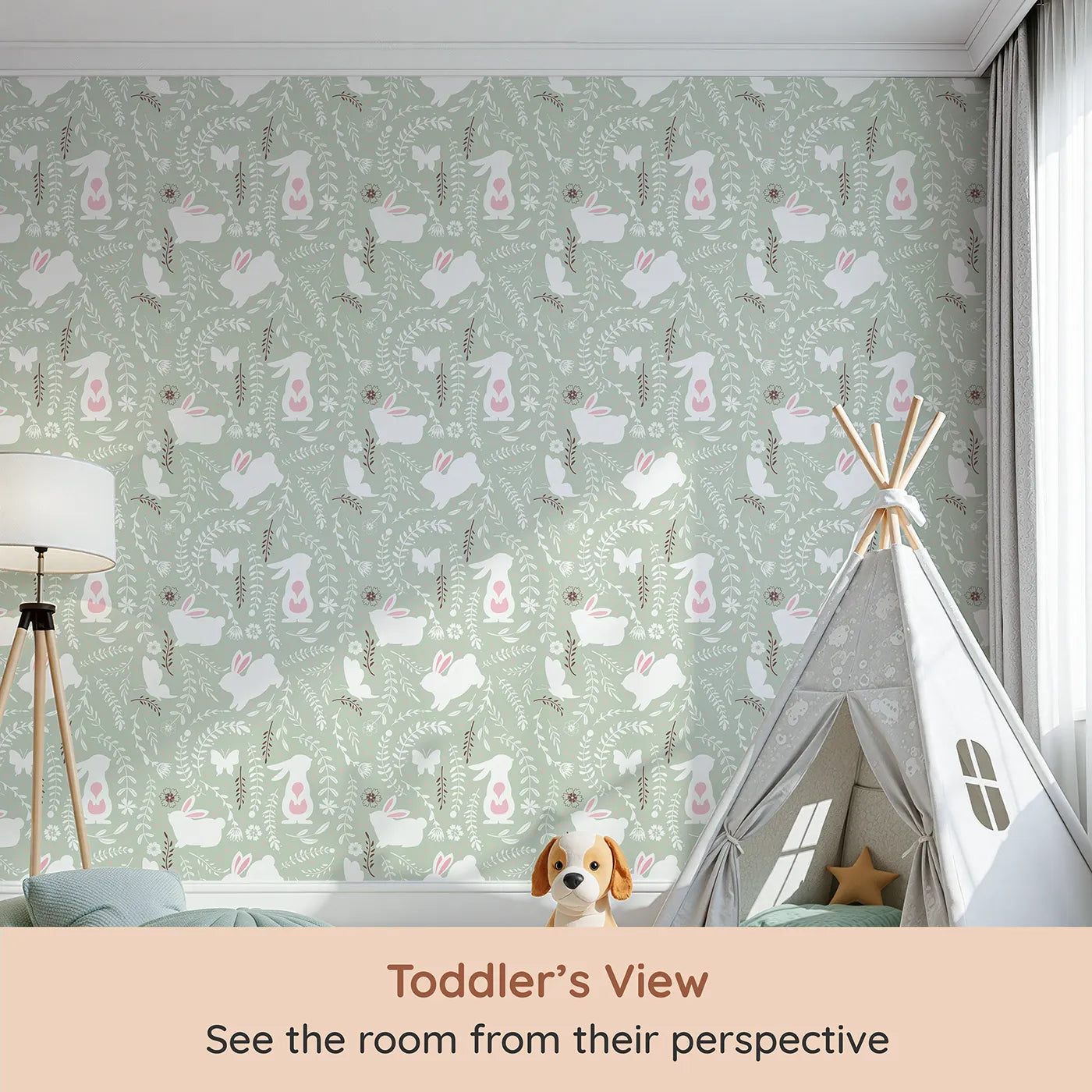 Whimsy Tots Bunny Hideaway Meadow Wallpaper in Mint Green (W3050D) from your child's view.White bunnies and fluttering butterflies dance through soft greenery and blossoms.