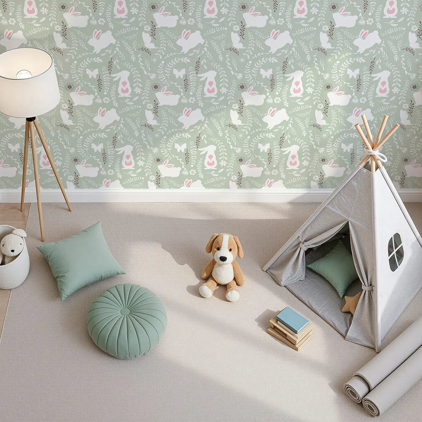 Top-Down view of Whimsy Tots' Bunny Hideaway Meadow Wallpaper in Mint Green (W3050D).White bunnies and fluttering butterflies dance through soft greenery and blossoms.