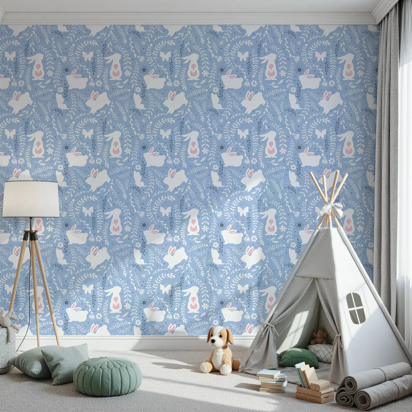 Front view of Whimsy Tots' Bunny Hideaway Meadow Wallpaper in Bluebell