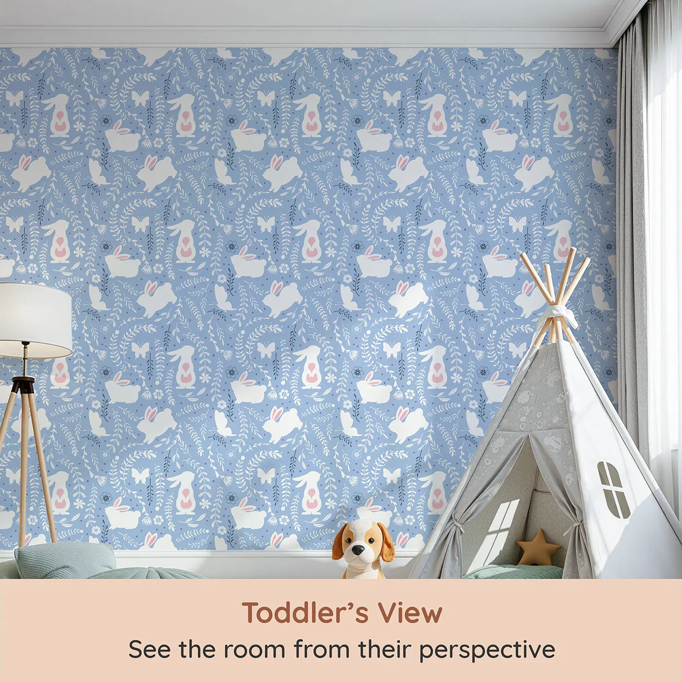 Whimsy Tots Bunny Hideaway Meadow Wallpaper in Bluebell (W3050E) from your child's view.Bunnies, butterflies, and vines pop against soft twilight blue and playful purple dots.
