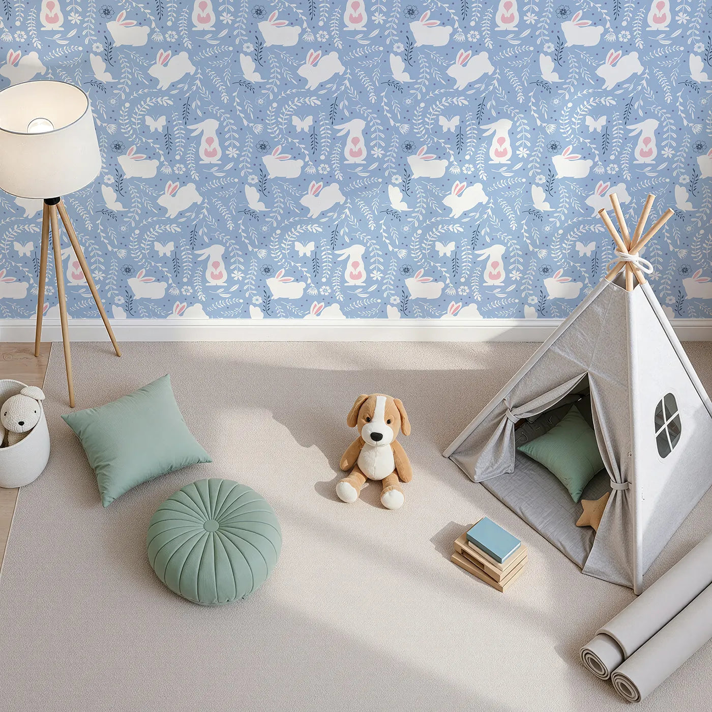 Top-Down view of Whimsy Tots' Bunny Hideaway Meadow Wallpaper in Bluebell (W3050E).Bunnies, butterflies, and vines pop against soft twilight blue and playful purple dots.