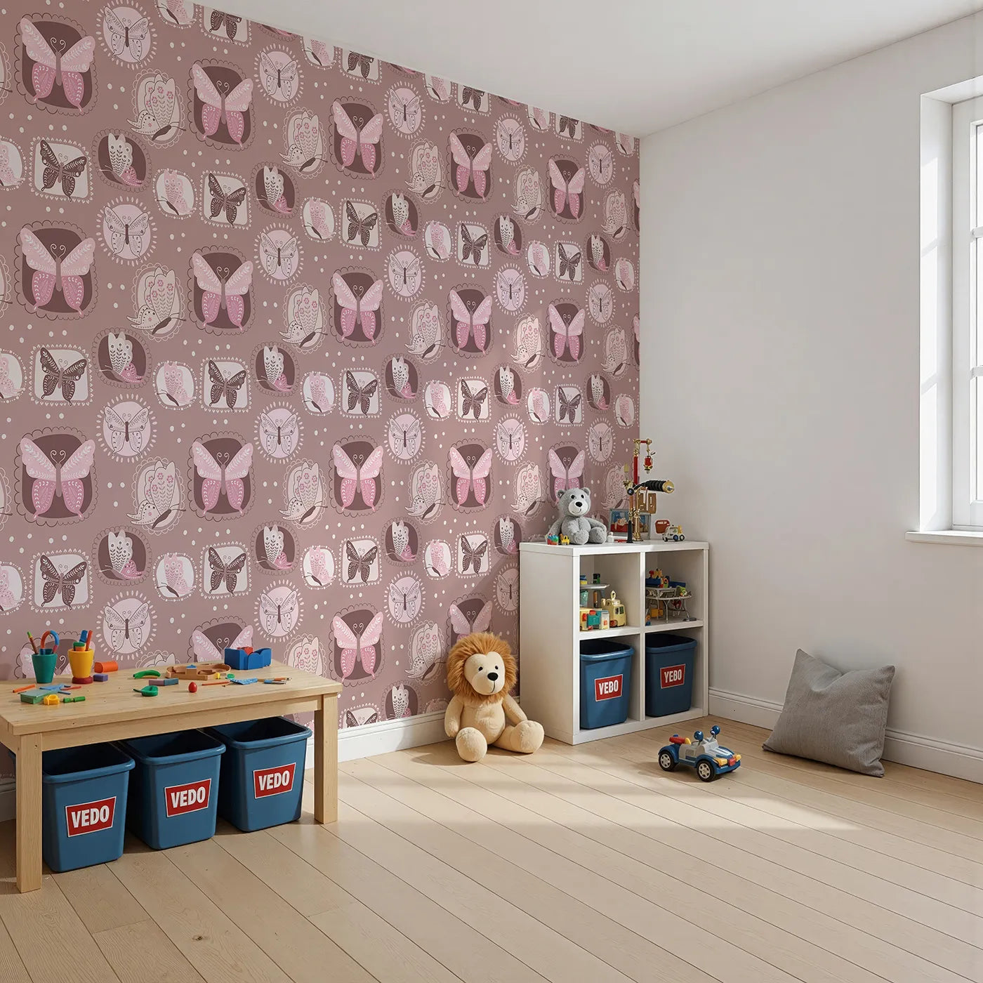 Angled view of Whimsy Tots' Folk Garden Butterfly Wallpaper in Cocoa Brown (W3051A).Patterned butterflies flutter inside soft patchwork frames on warm cocoa brown.