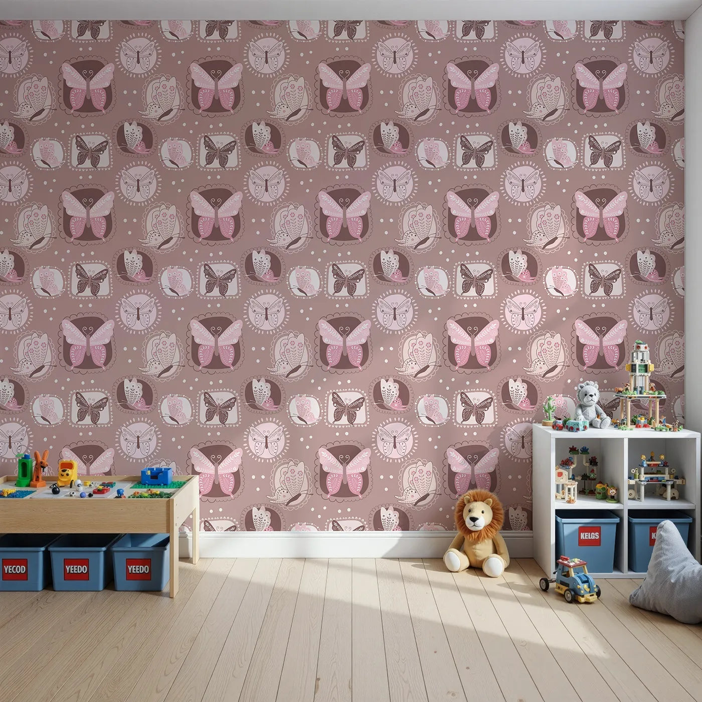 Front view of Whimsy Tots' Folk Garden Butterfly Wallpaper in Cocoa Brown