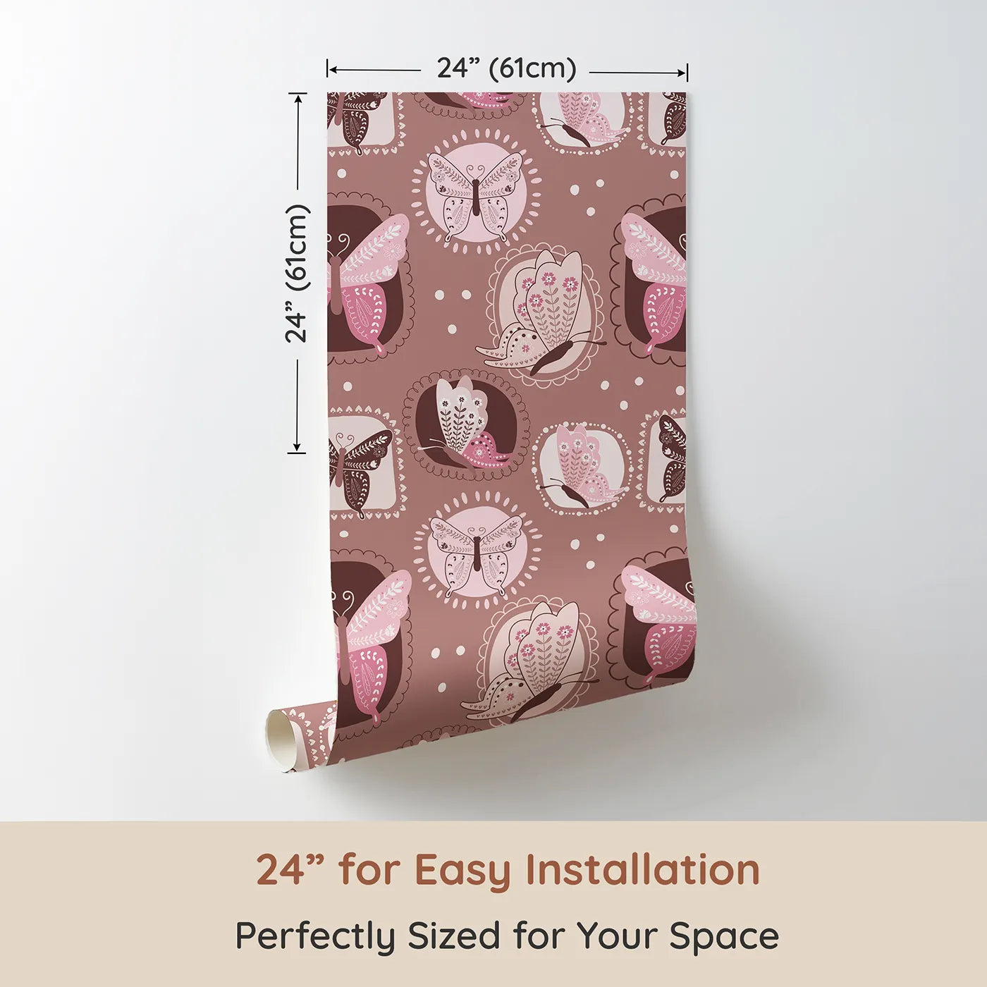 Dimension view of Whimsy Tots Folk Garden Butterfly Wallpaper in Cocoa Brown (W3051A). Printed in 24-inch-wide panel for easy installation. Patterned butterflies flutter inside soft patchwork frames on warm cocoa brown.