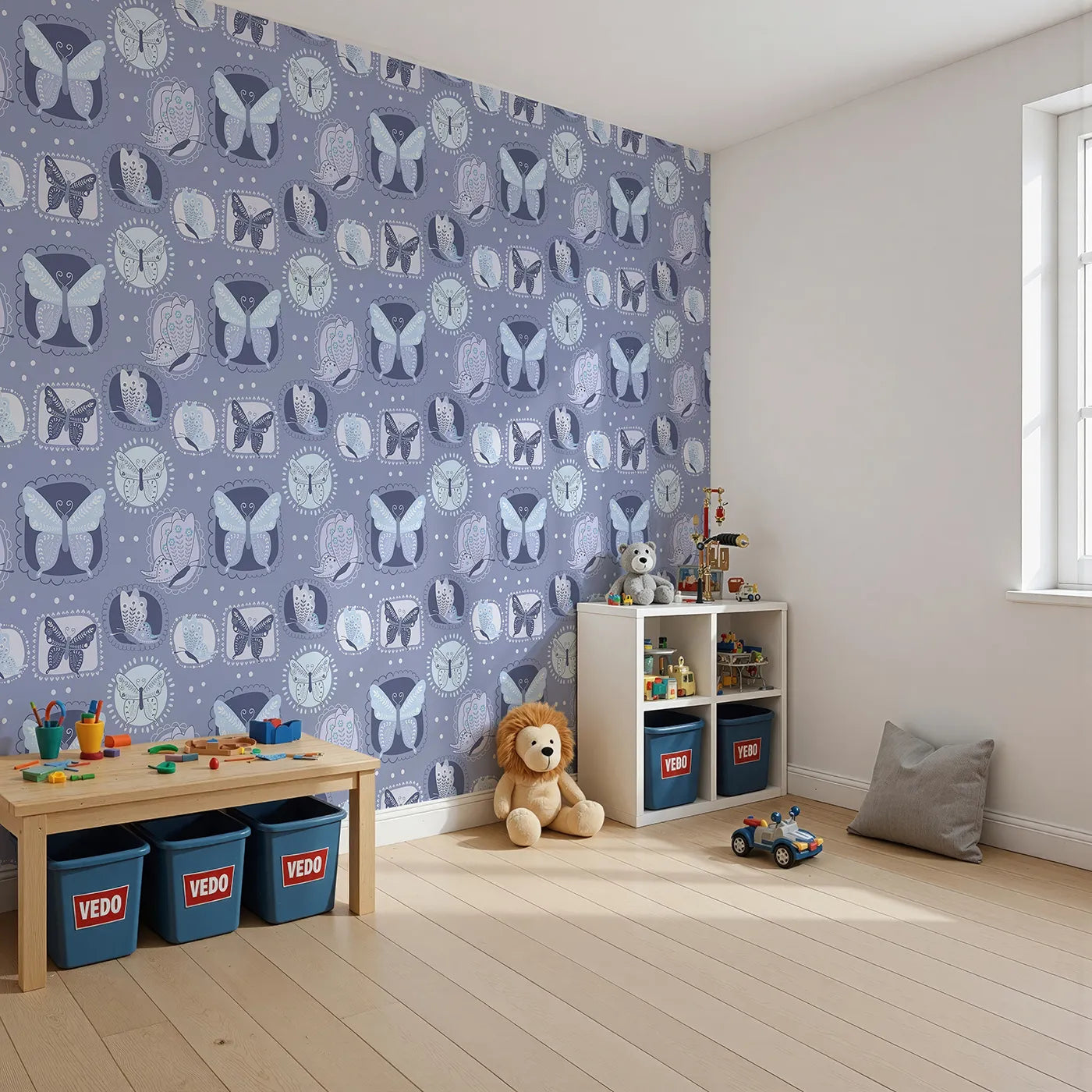 Angled view of Whimsy Tots' Folk Garden Butterfly Wallpaper in Indigo (W3051B).Stitched butterflies float inside decorative patches on soft indigo blue.