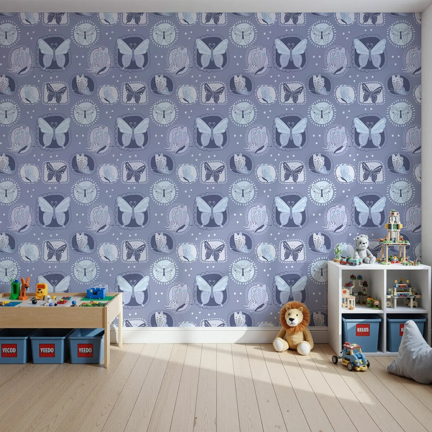 Front view of Whimsy Tots' Folk Garden Butterfly Wallpaper in Indigo