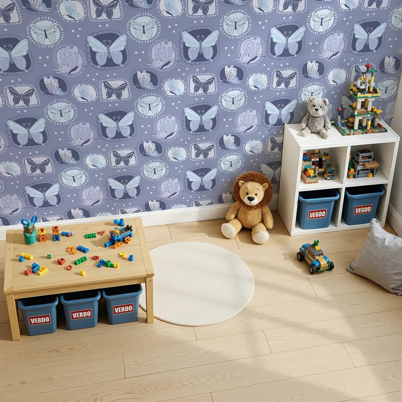 Top-Down view of Whimsy Tots' Folk Garden Butterfly Wallpaper in Indigo (W3051B).Stitched butterflies float inside decorative patches on soft indigo blue.