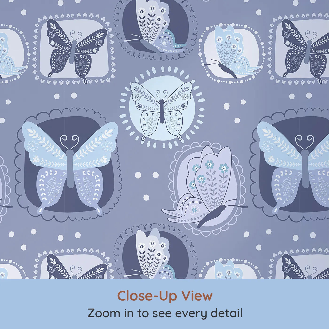 Close-up view of Whimsy Tots' Folk Garden Butterfly Wallpaper in Indigo (W3051B).Stitched butterflies float inside decorative patches on soft indigo blue.