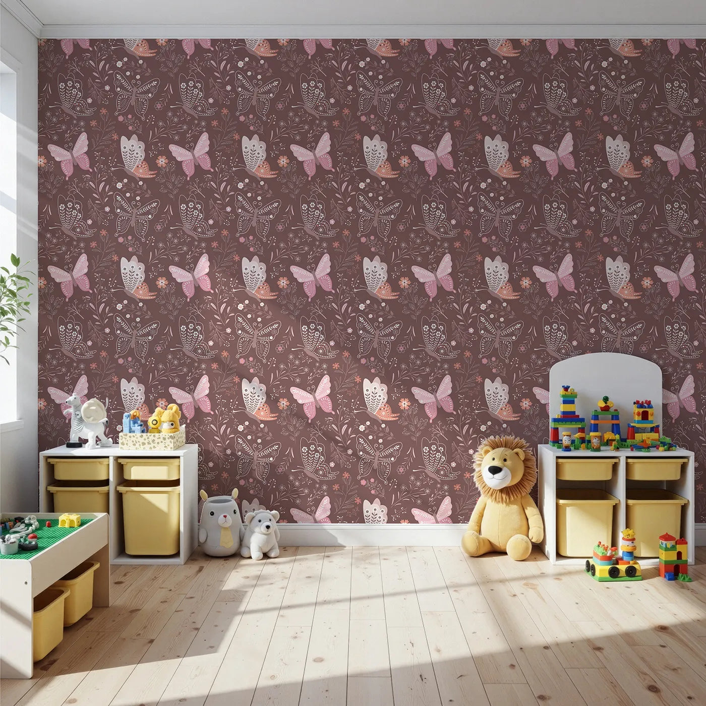 Front view of Whimsy Tots' Wild Bloom Butterfly Wallpaper in Cocoa Rose Brown
