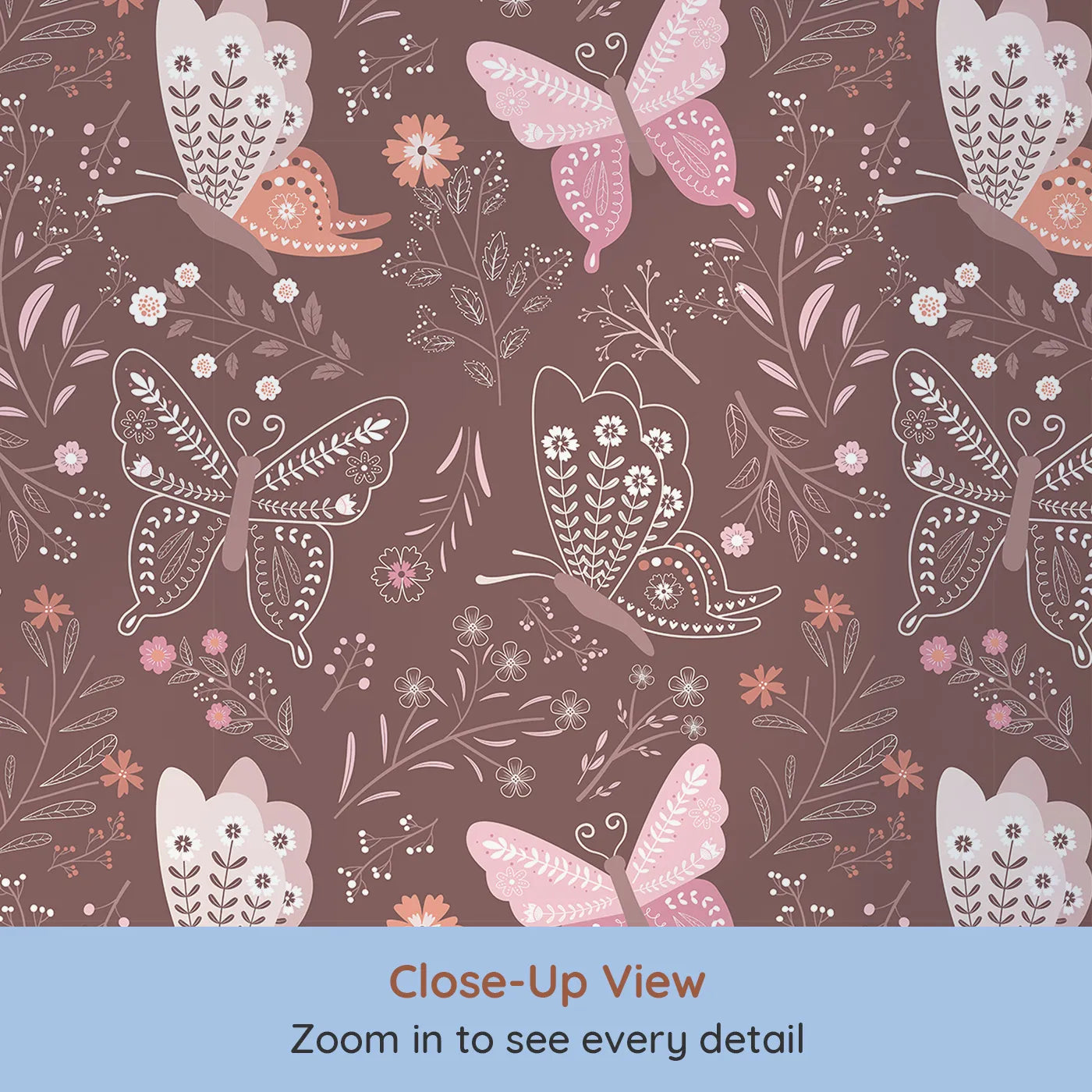 Close-up view of Whimsy Tots' Wild Bloom Butterfly Wallpaper in Cocoa Rose Brown (W3052A).Ornate butterflies glide between whimsical wildflowers on a rich cocoa rose background.