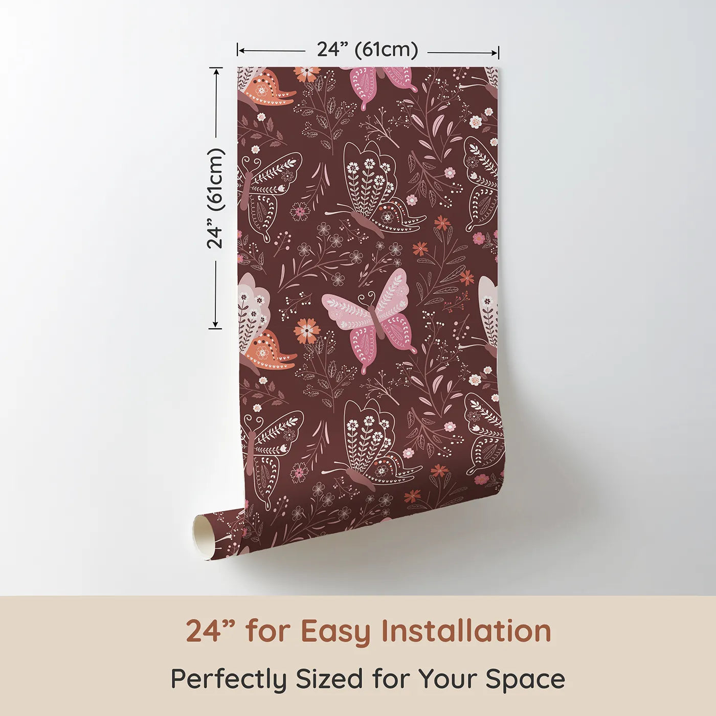 Dimension view of Whimsy Tots Wild Bloom Butterfly Wallpaper in Cocoa Rose Brown (W3052A). Printed in 24-inch-wide panel for easy installation. Ornate butterflies glide between whimsical wildflowers on a rich cocoa rose background.