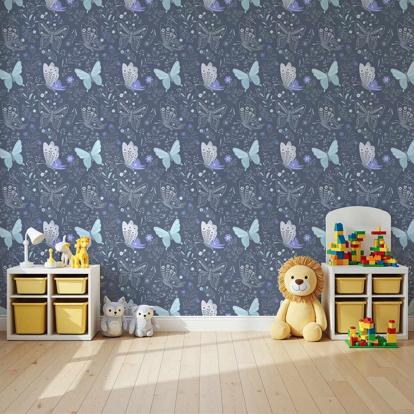 Angled view of Whimsy Tots' Wild Bloom Butterfly Wallpaper in Twilight Blue (W3052B).Lacy butterflies and blooming vines dance across a dusky twilight blue field.