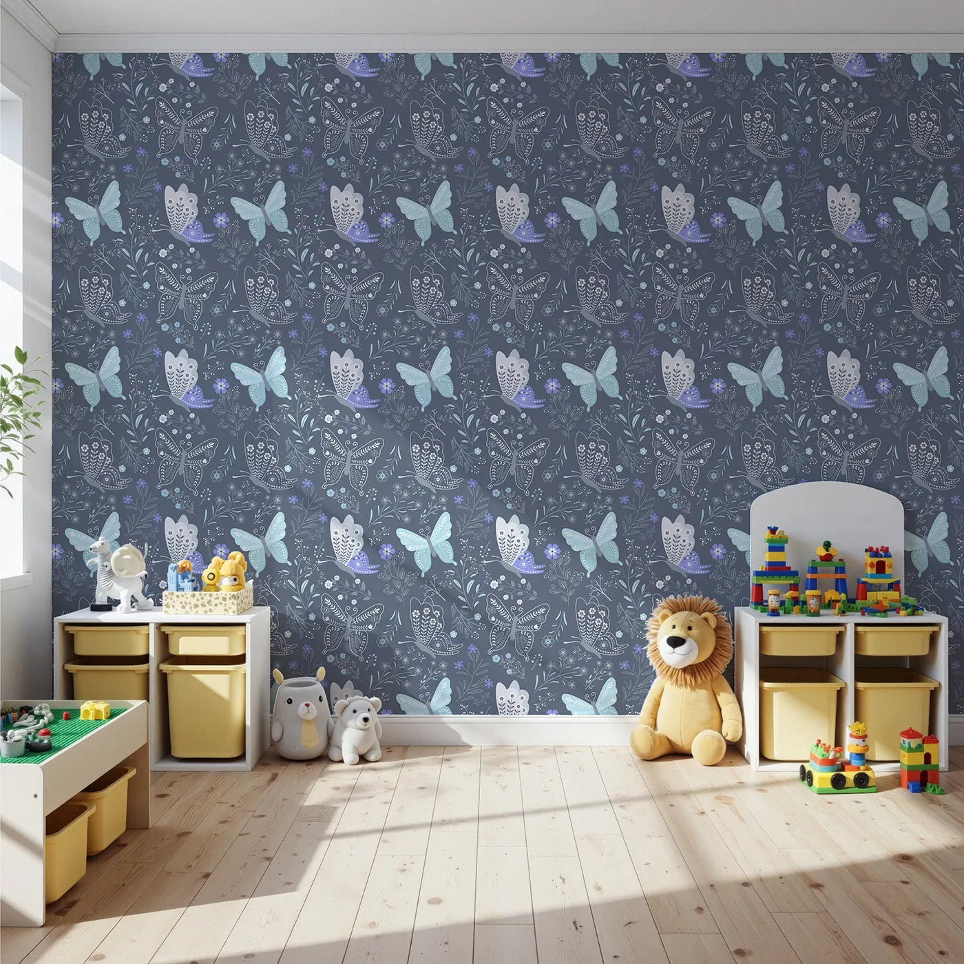 Front view of Whimsy Tots' Wild Bloom Butterfly Wallpaper in Twilight Blue