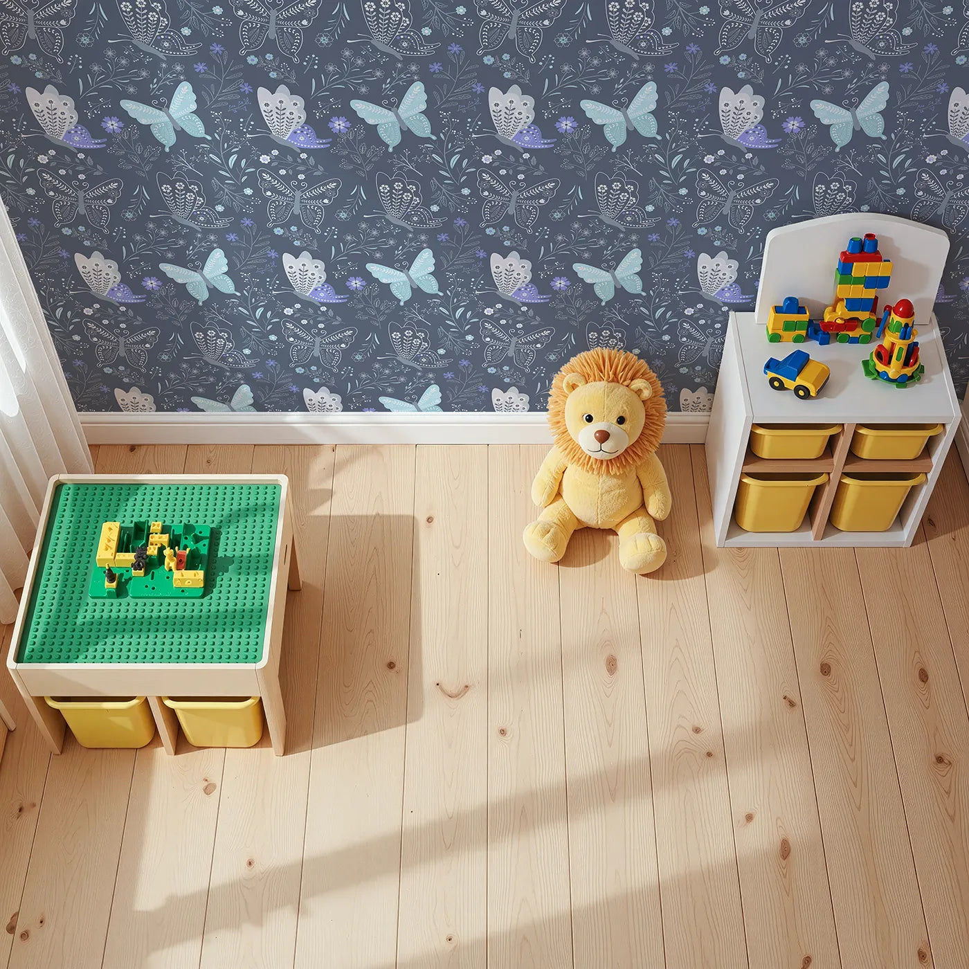 Top-Down view of Whimsy Tots' Wild Bloom Butterfly Wallpaper in Twilight Blue (W3052B).Lacy butterflies and blooming vines dance across a dusky twilight blue field.