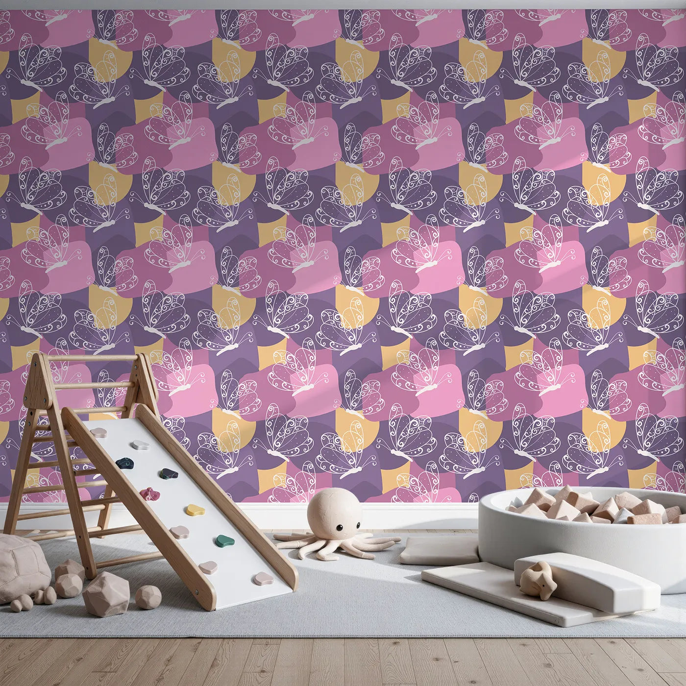 Front view of Whimsy Tots' Flutter Dance Butterfly Wallpaper in Purple Mix