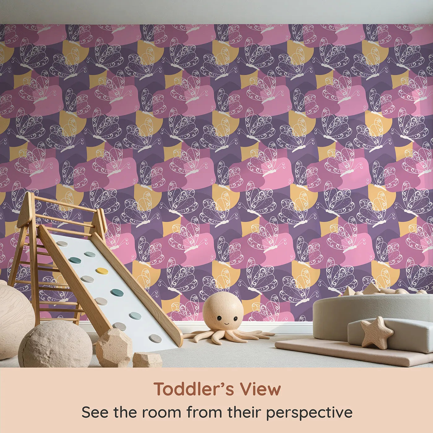 Whimsy Tots Flutter Dance Butterfly Wallpaper in Purple Mix (W3053) from your child's view.Delicate butterflies swirl across a sea of playful purples and pinks.