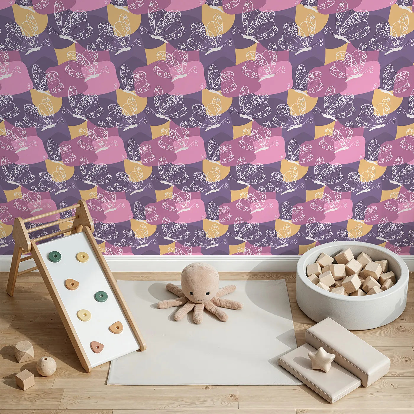 Top-Down view of Whimsy Tots' Flutter Dance Butterfly Wallpaper in Purple Mix (W3053).Delicate butterflies swirl across a sea of playful purples and pinks.