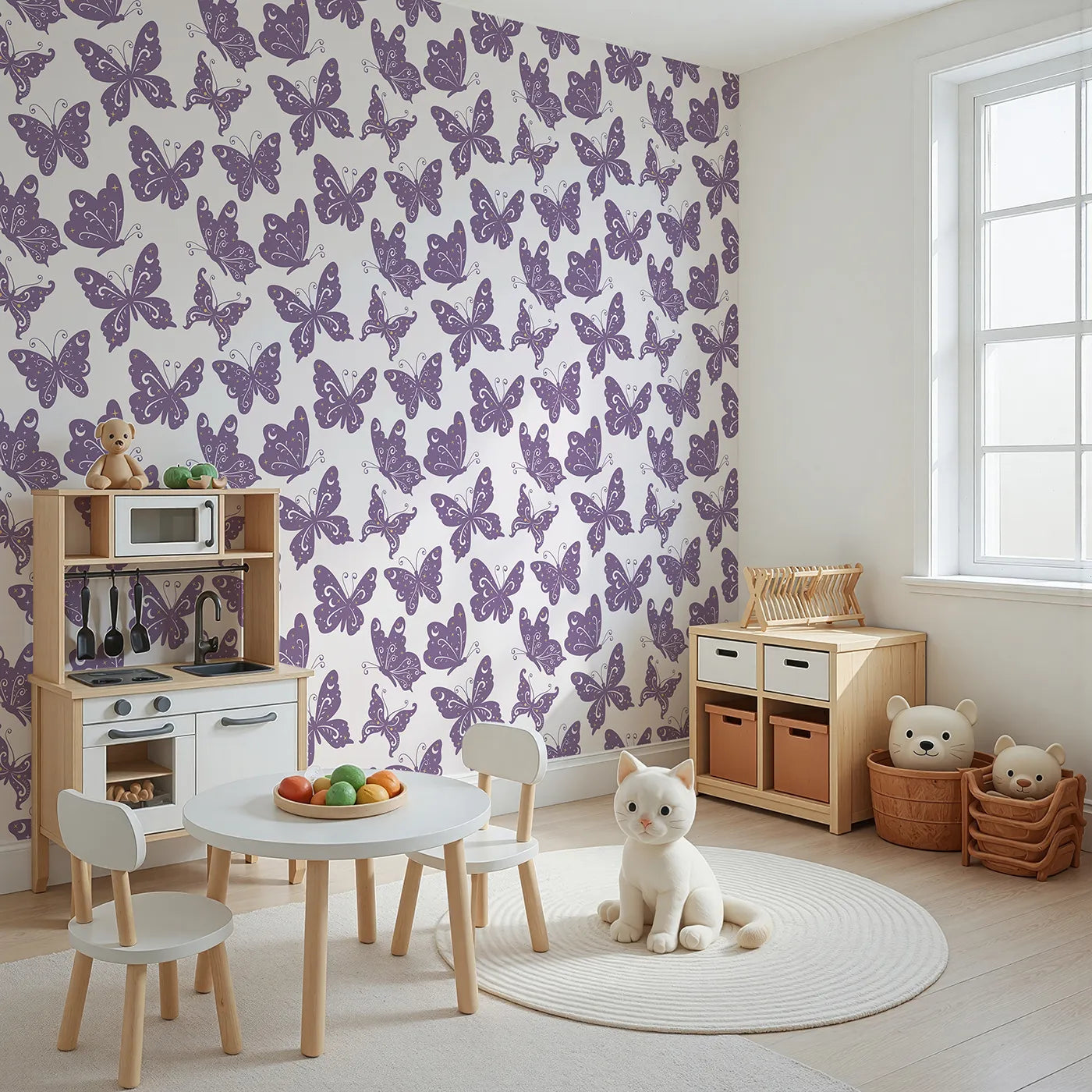 Angled view of Whimsy Tots' Celestial Wings Butterfly Wallpaper in Lilac Lavender (W3054A).Whimsical butterflies glow with moonlight magic and twinkling stars.