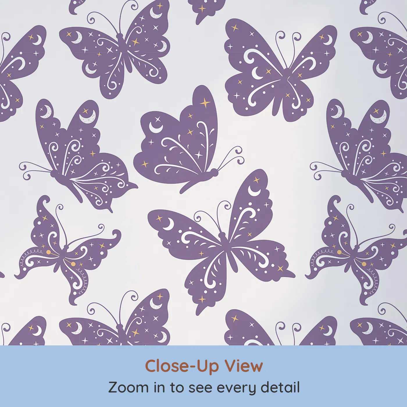 Close-up view of Whimsy Tots' Celestial Wings Butterfly Wallpaper in Lilac Lavender (W3054A).Whimsical butterflies glow with moonlight magic and twinkling stars.