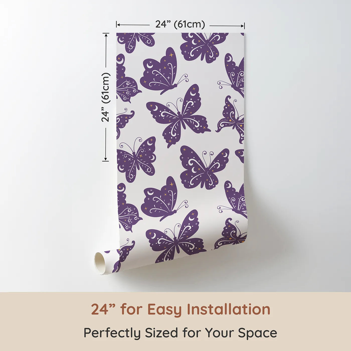 Dimension view of Whimsy Tots Celestial Wings Butterfly Wallpaper in Lilac Lavender (W3054A). Printed in 24-inch-wide panel for easy installation. Whimsical butterflies glow with moonlight magic and twinkling stars.